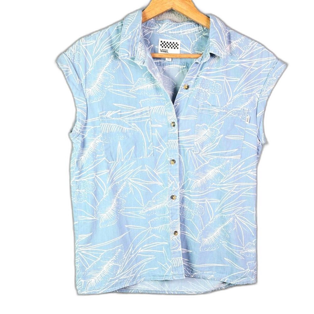 Vans Button Down Shirt Light Blue S Tropical Print Palm Leaf Boho Resort